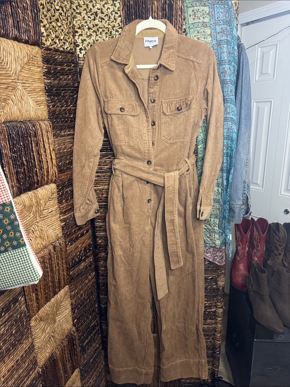 FRNCH Tan Corduroy Long-Sleeve Belted Jumpsuit
